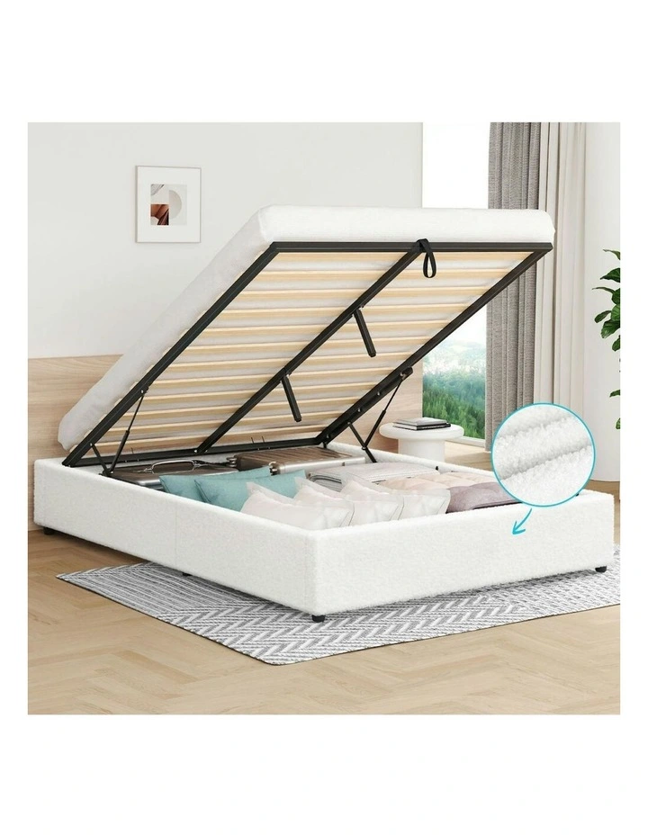 Queen Size Boucle Barlow Gas Lift Bed Frame in White image 2