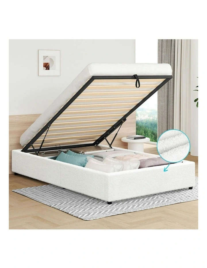 Single Size Boucle Barlow Gas Lift Bed Frame in White image 2