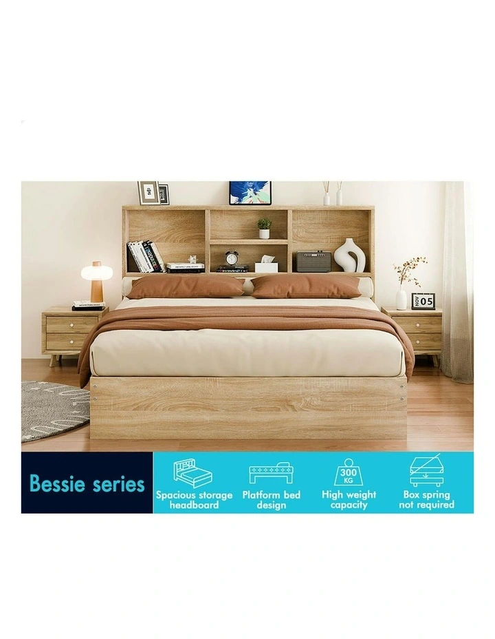 Bookshelf Storage Headboard with Wooden Bed Frame Double Size in Oak image 2