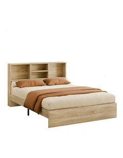 Storage Headboard With Wooden Bed Frame Queen Size in Oak