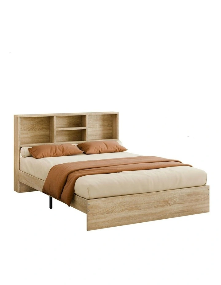 Storage Headboard With Wooden Bed Frame Queen Size in Oak image 1