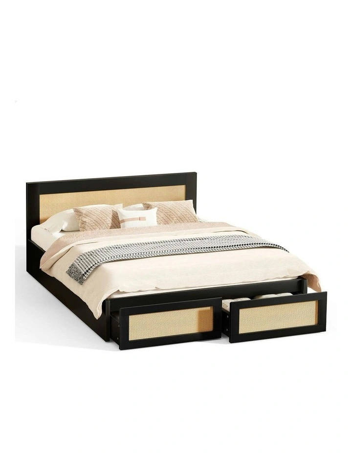 Storage Drawer With Rattan Bed Base Wooden Bed Frame Double Size in Black image 1
