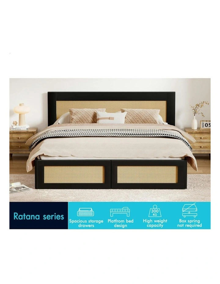 Storage Drawer With Rattan Bed Base Wooden Bed Frame Double Size in Black image 2