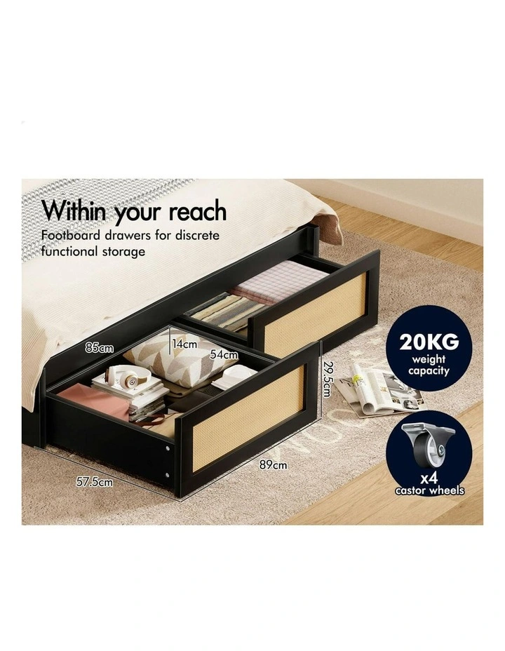 Storage Drawers With Rattan Bed Base Wooden Bed Frame King Size in Black image 6