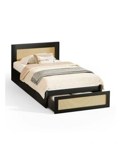 Storage Drawers With Rattan Base Wooden Bed Frame King Single in Black