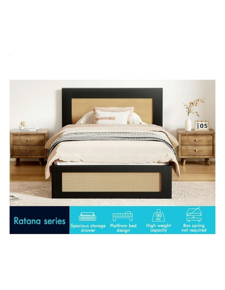 Storage Drawers With Rattan Base Wooden Bed Frame King Single in Black image 2