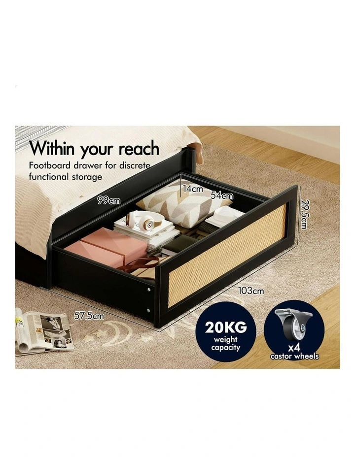 Storage Drawers With Rattan Base Wooden Bed Frame King Single in Black image 6