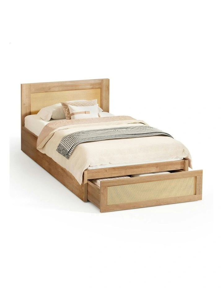 Storage Drawers With Rattan Base Wooden Bed Frame King Single in Oak image 1