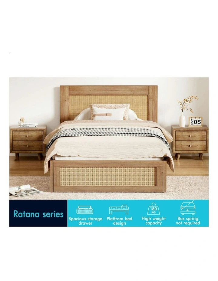 Storage Drawers With Rattan Base Wooden Bed Frame King Single in Oak image 2