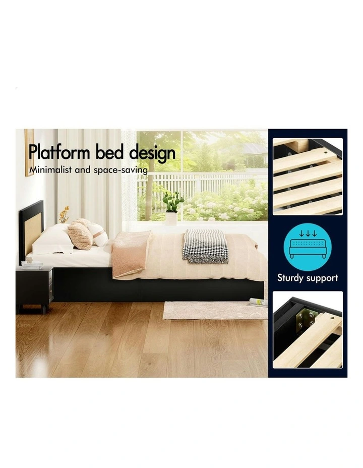 Storage Drawers With Rattan Base Wooden Bed Frame Queen Single in Black image 4