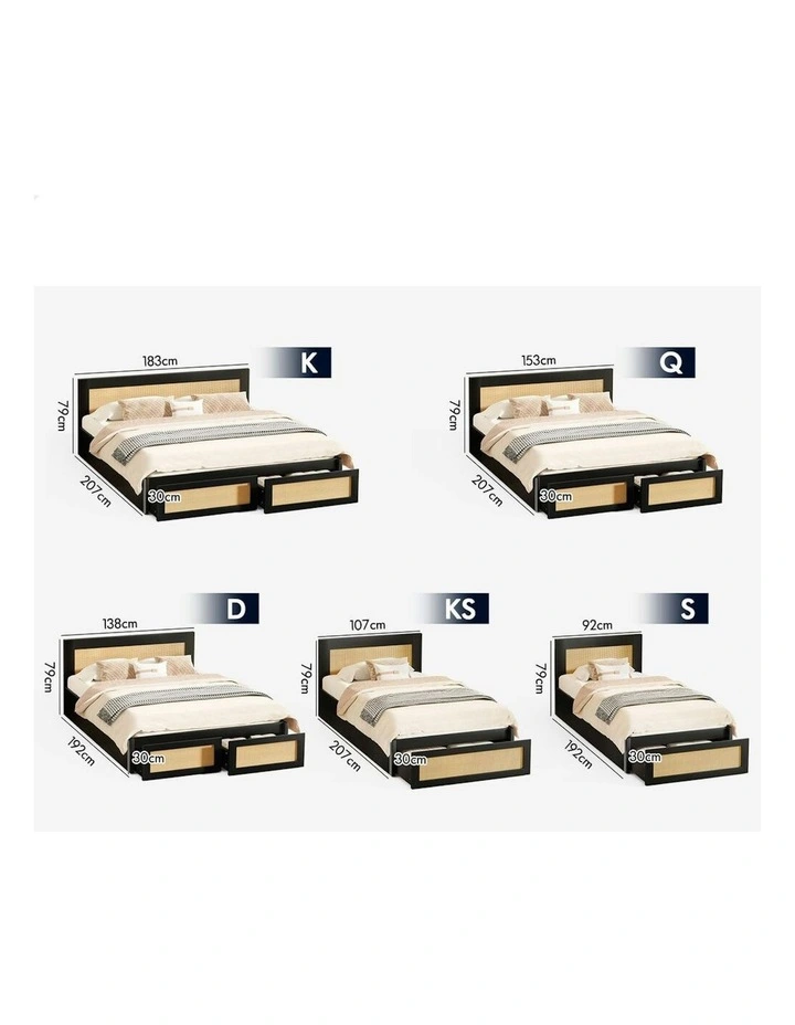 Storage Drawers With Rattan Base Wooden Bed Frame Queen Single in Black image 5