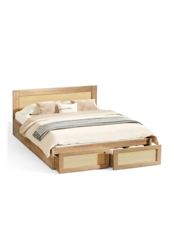 Storage Drawers With Rattan Base Wooden Bed Frame Queen Size in Oak image 1
