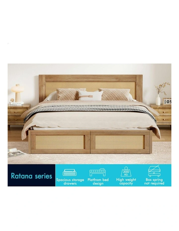 Storage Drawers With Rattan Base Wooden Bed Frame Queen Size in Oak image 2