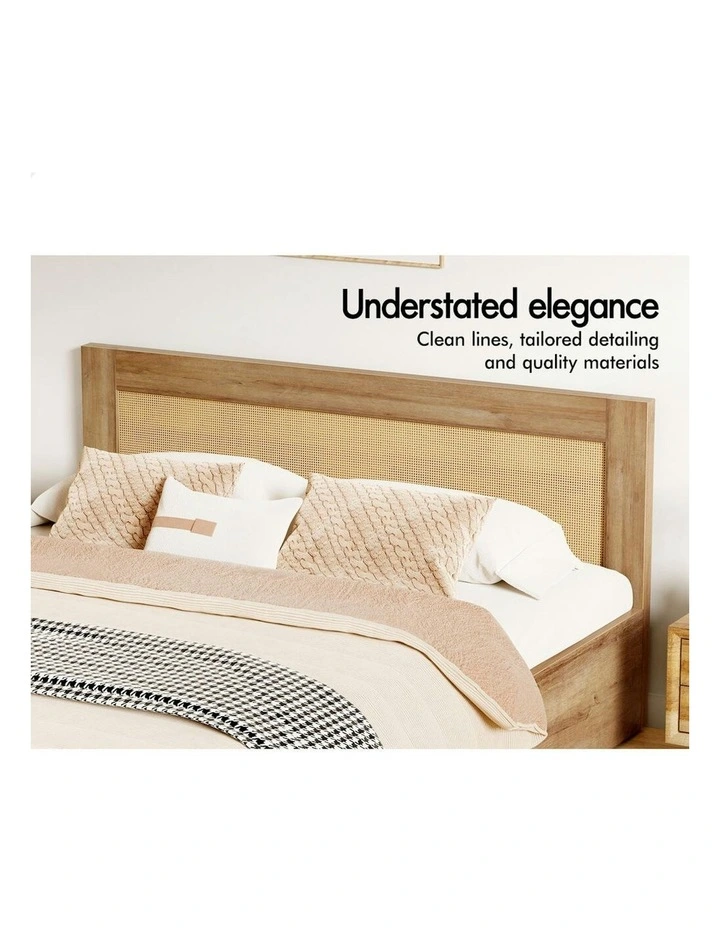Storage Drawers With Rattan Base Wooden Bed Frame Queen Size in Oak image 3