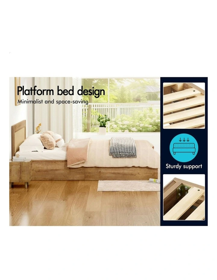 Storage Drawers With Rattan Base Wooden Bed Frame Queen Size in Oak image 4