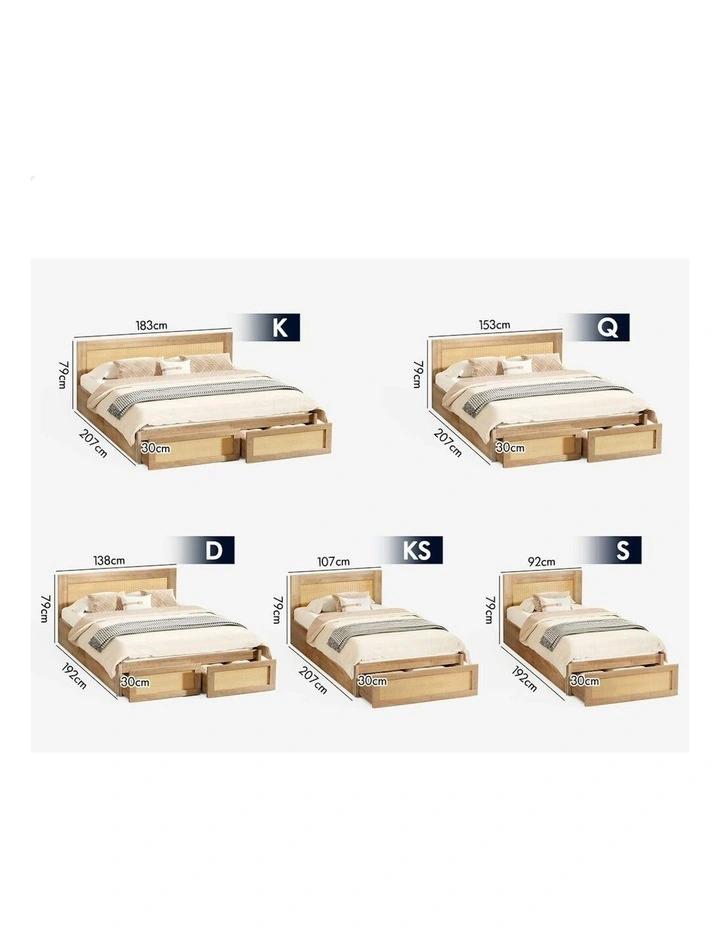 Storage Drawers With Rattan Base Wooden Bed Frame Queen Size in Oak image 5