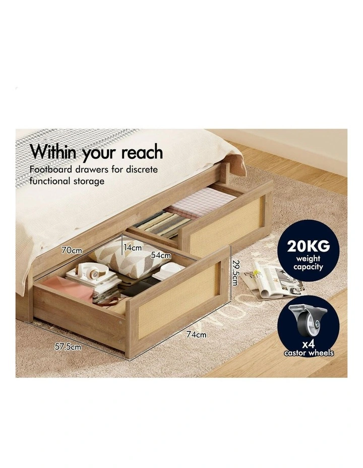 Storage Drawers With Rattan Base Wooden Bed Frame Queen Size in Oak image 6