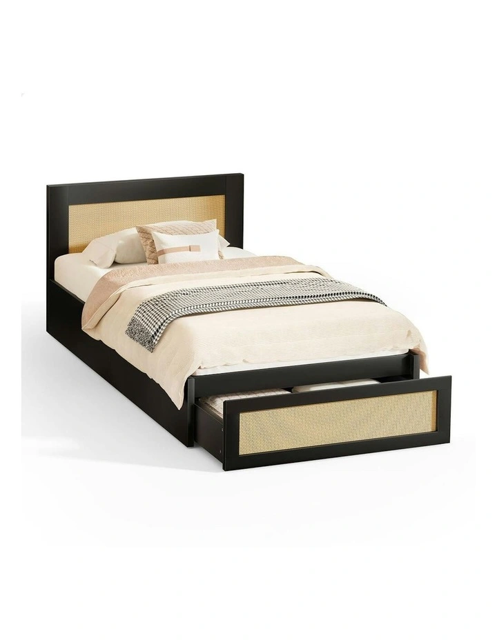 Storage Drawers With Rattan Base Wooden Bed Frame Single Size in Black image 1