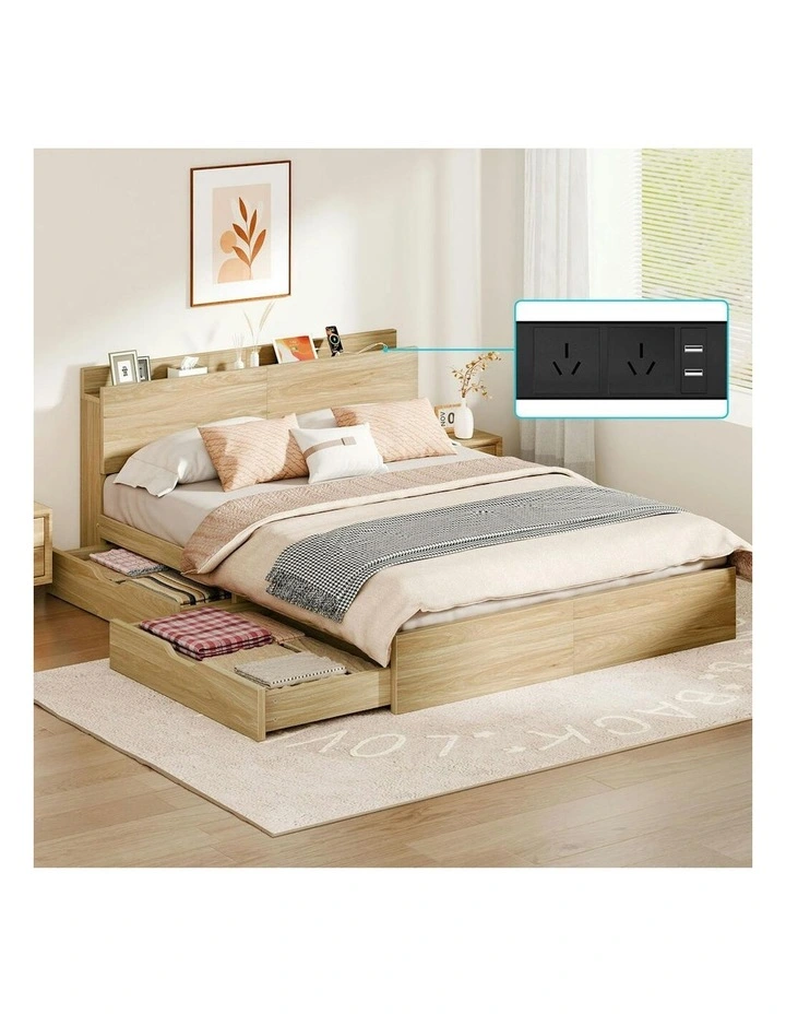 Charging Station And 2 Drawers With Wooden Bed Frame King Size in Natural image 2