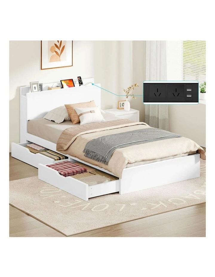 Charging Station And 2 Drawers With Wooden Bed Frame King Single in White image 2