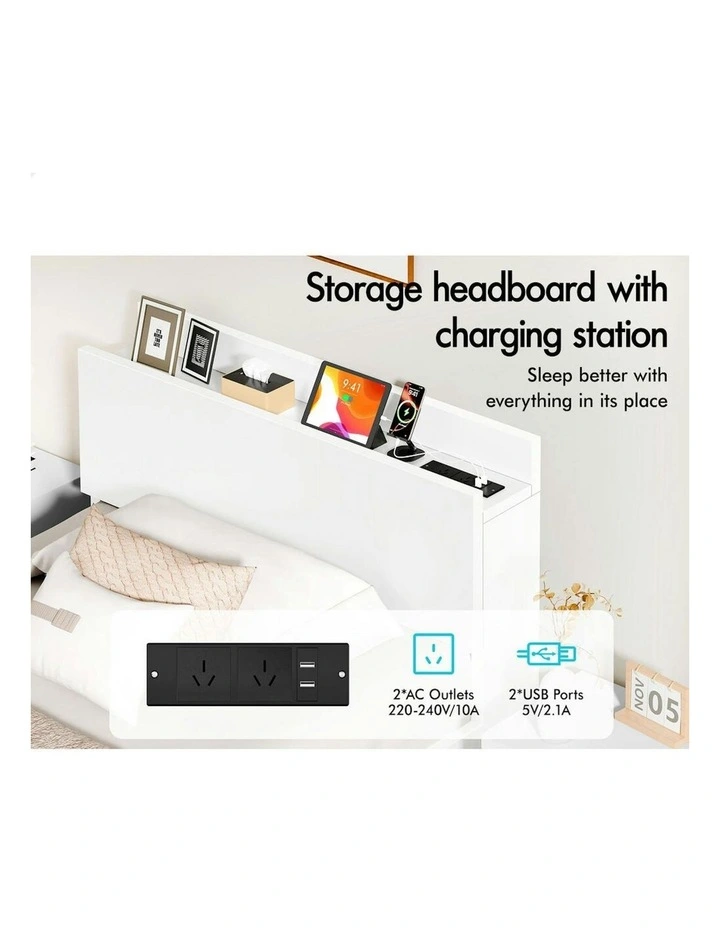 Charging Station And 2 Drawers With Wooden Bed Frame King Single in White image 4