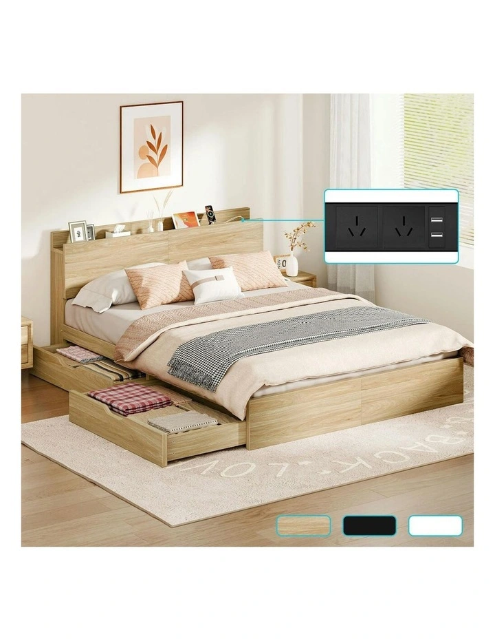 Charging Station And 2 Drawers With Wooden Bed Frame Queen Size in Natural image 2
