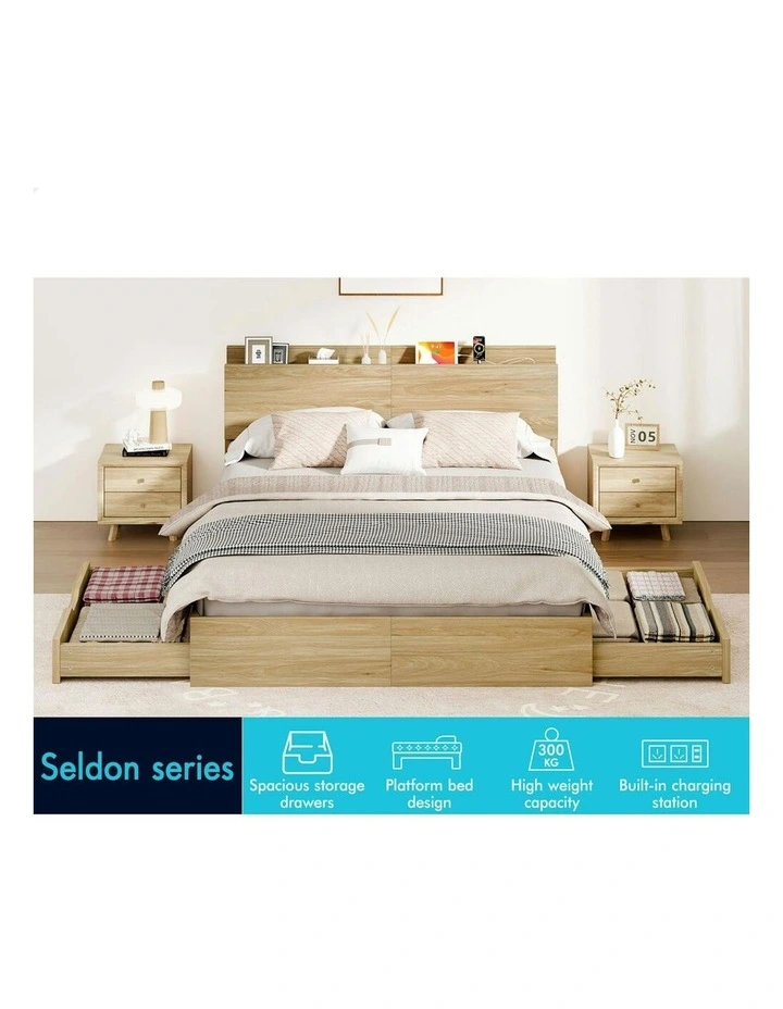 Charging Station And 2 Drawers With Wooden Bed Frame Queen Size in Natural image 3