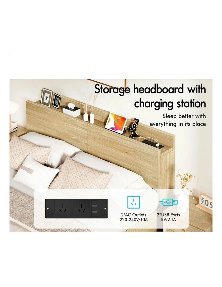 Charging Station And 2 Drawers With Wooden Bed Frame Queen Size in Natural image 4