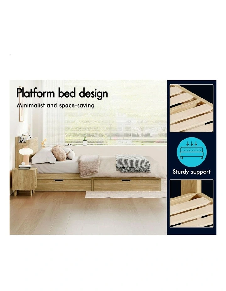 Charging Station And 2 Drawers With Wooden Bed Frame Queen Size in Natural image 5