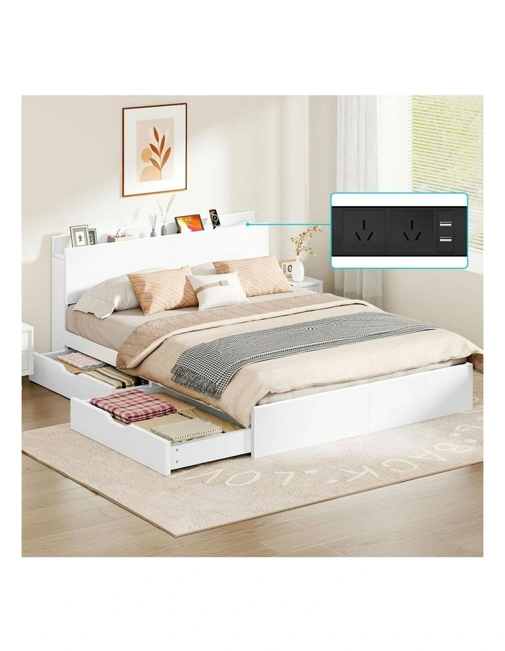 Charging Station And 2 Drawers With Wooden Bed Frame Queen Size in White image 2