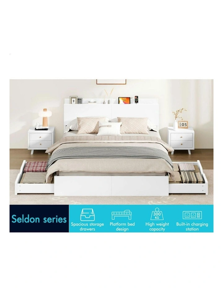 Charging Station And 2 Drawers With Wooden Bed Frame Queen Size in White image 3