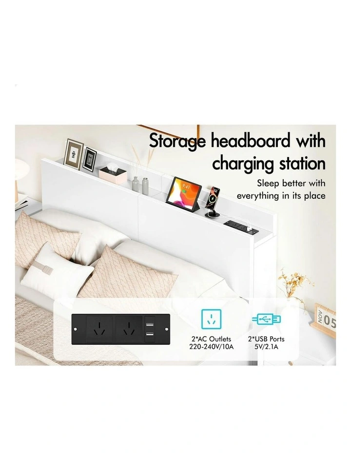 Charging Station And 2 Drawers With Wooden Bed Frame Queen Size in White image 4