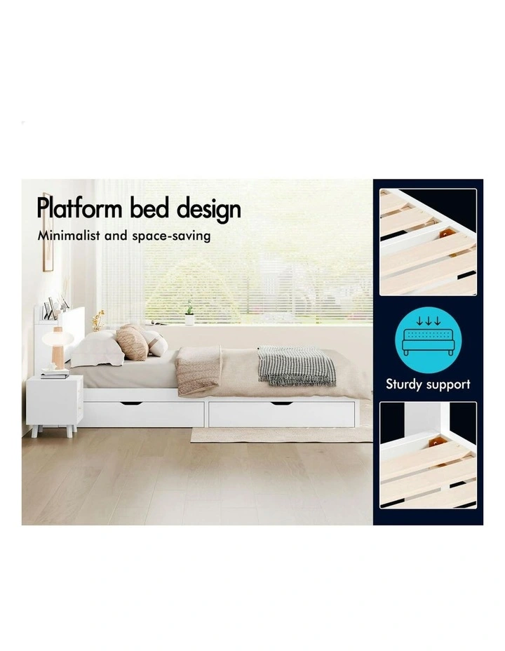 Charging Station And 2 Drawers With Wooden Bed Frame Queen Size in White image 5