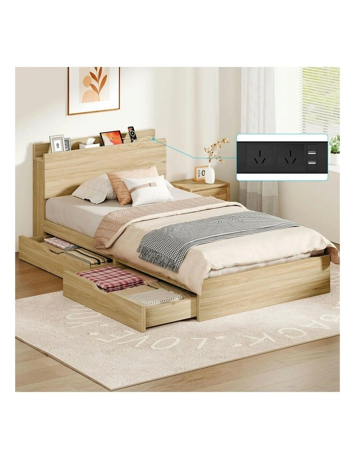 Charging Station And 2 Drawers With Wooden Bed Frame Single Size in Natural image 2