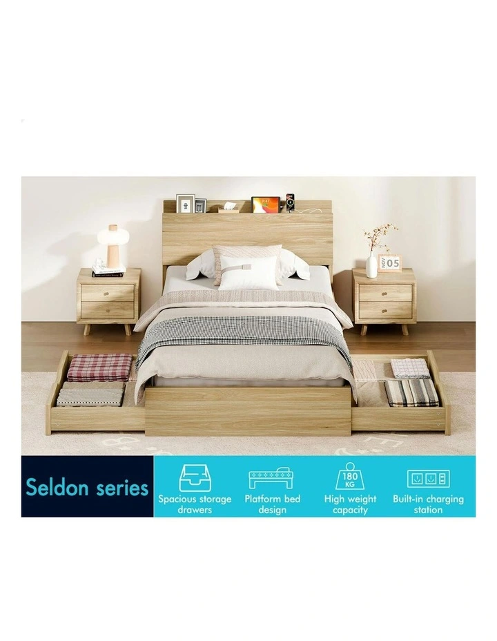 Charging Station And 2 Drawers With Wooden Bed Frame Single Size in Natural image 3