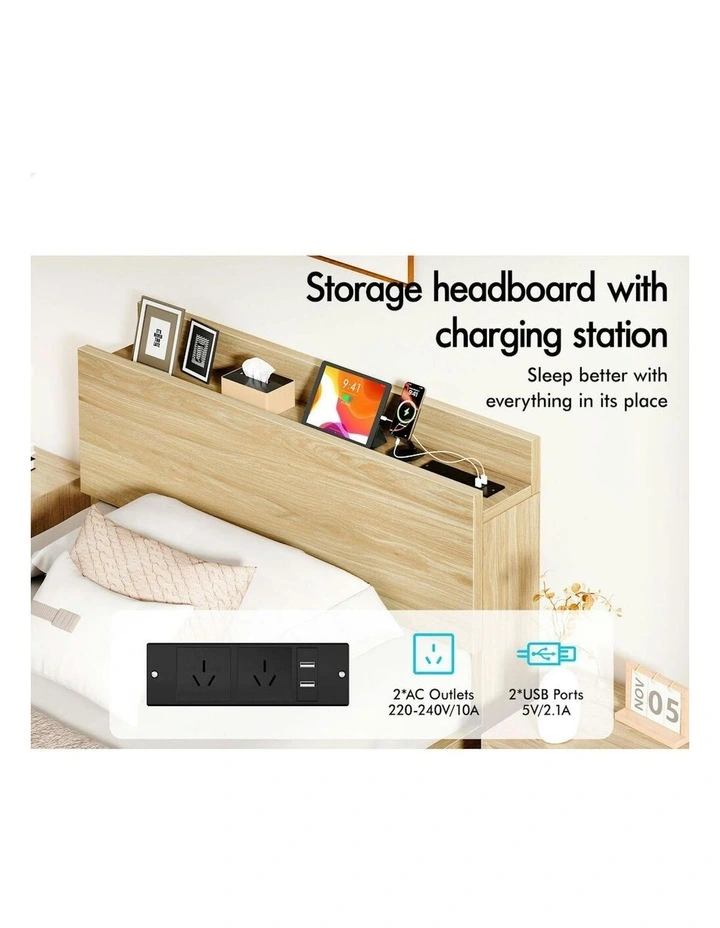 Charging Station And 2 Drawers With Wooden Bed Frame Single Size in Natural image 4