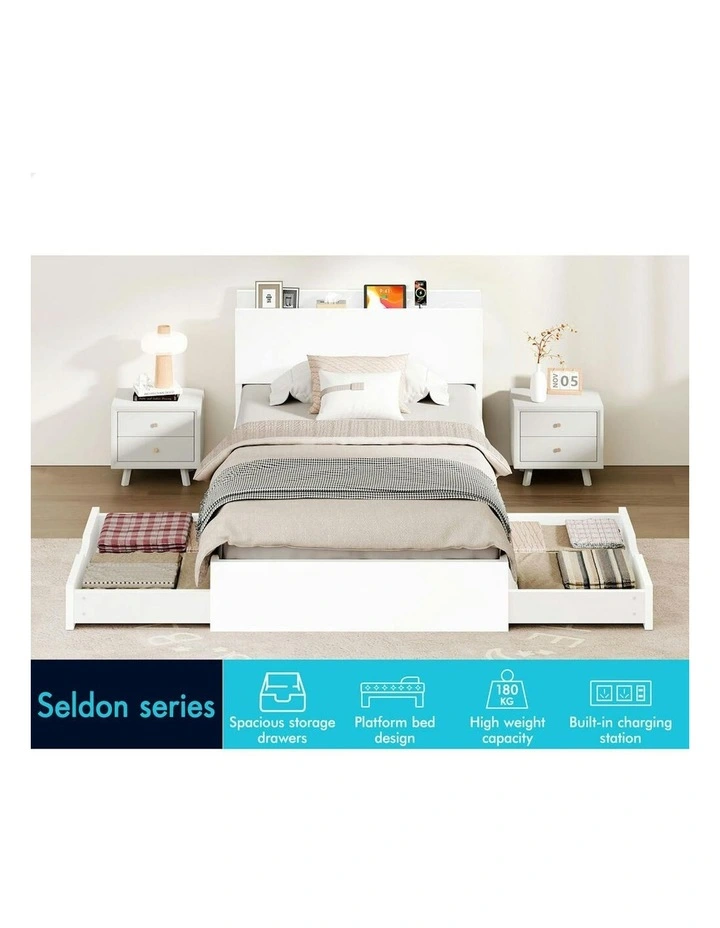 Charging Station And 2 Drawers With Wooden Bed Frame Single Size in White image 3