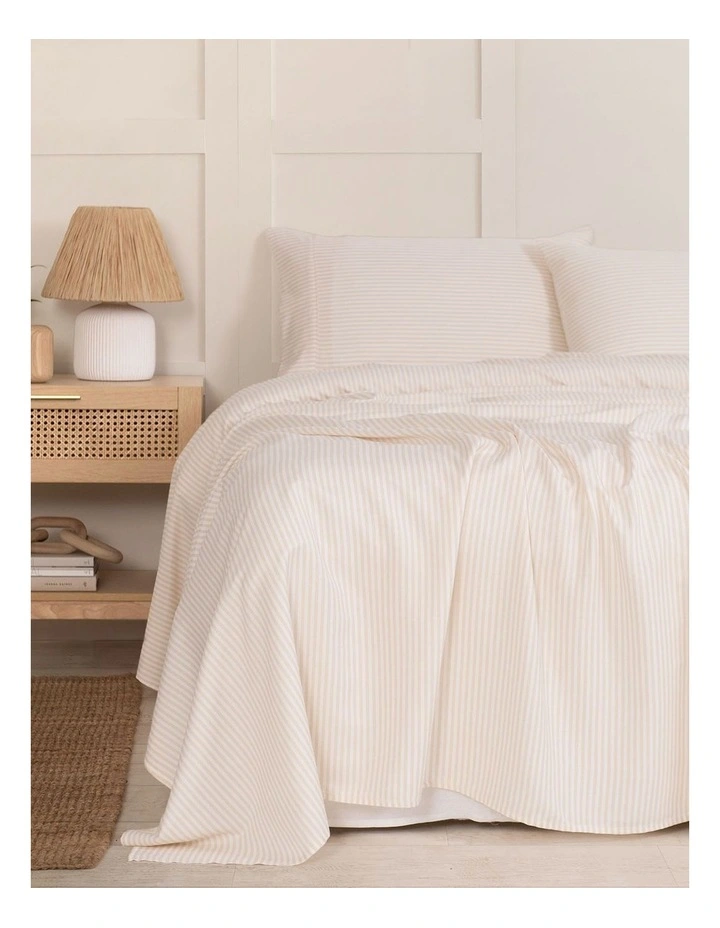 Luxury Striped Linen Blend Queen Sheet Set in Beige image 1