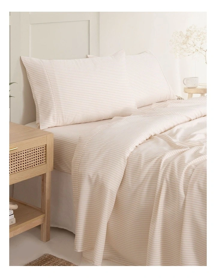 Luxury Striped Linen Blend Queen Sheet Set in Beige image 2