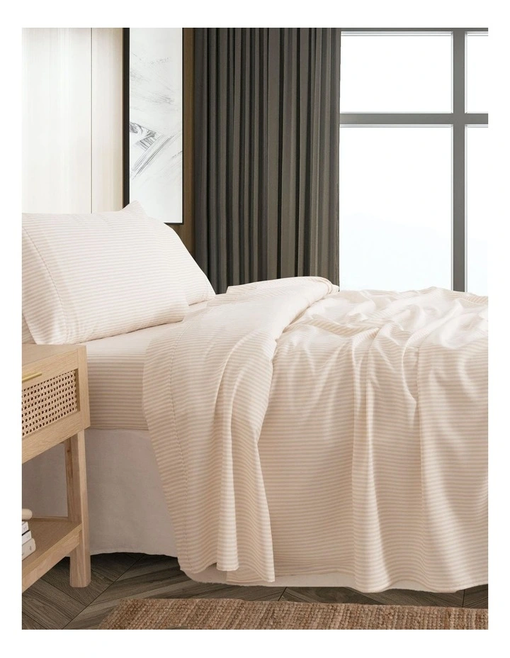 Luxury Striped Linen Blend Queen Sheet Set in Beige image 3
