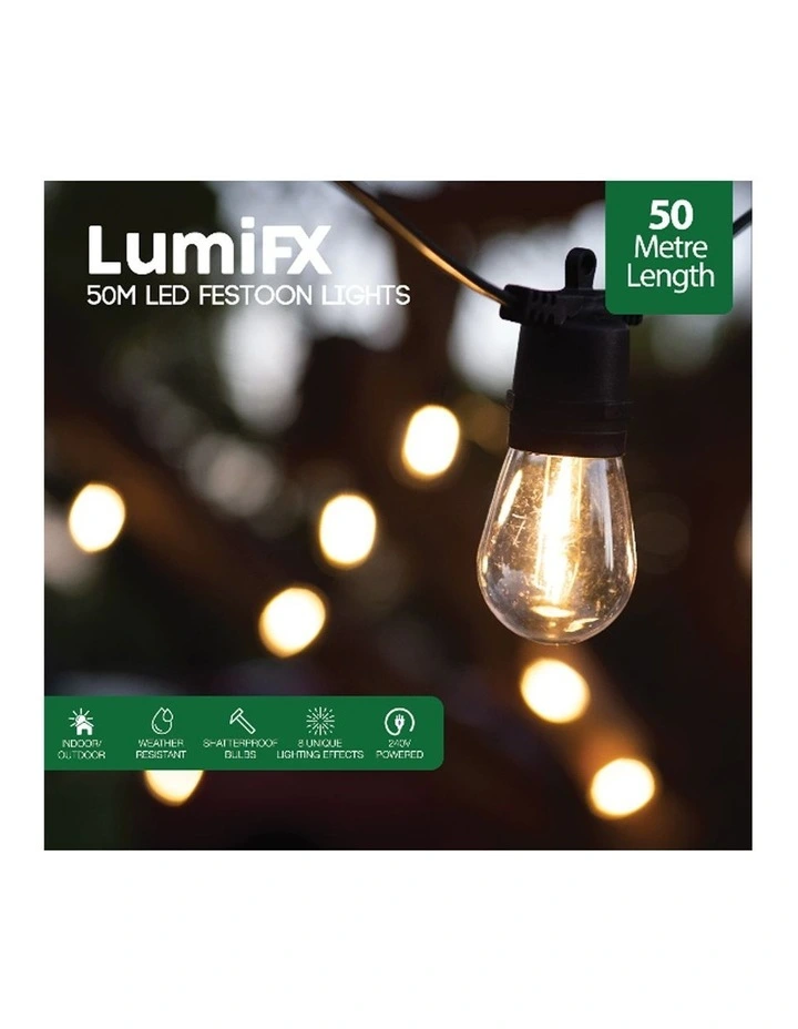 LumiFx 50 Bulb Outdoor Festoon 8 Light Effects 50M in White image 1