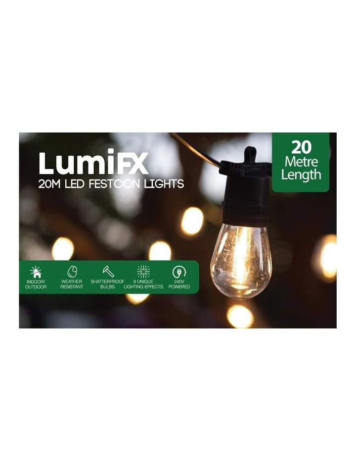 LumiFx 20 Bulb Outdoor Festoon 8 Lights Effects 20M in Warm White image 1