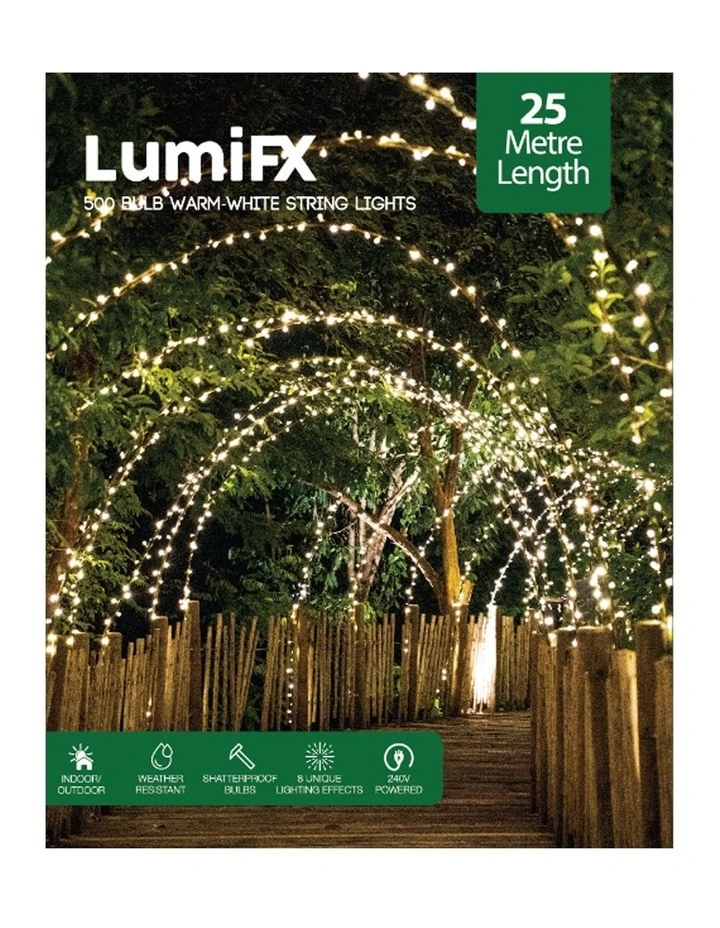 LumiFx 500 LED Powered String Lights 8 Effects 25M in Warm White image 1