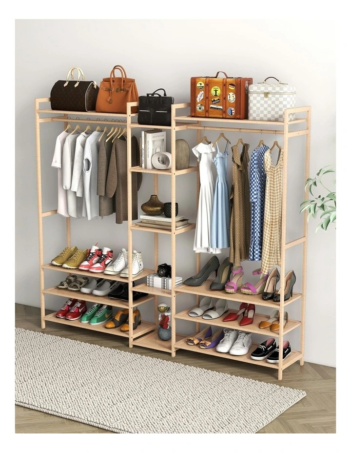 Multifunctional Bamboo Clothes Rack Storage in Oak image 3