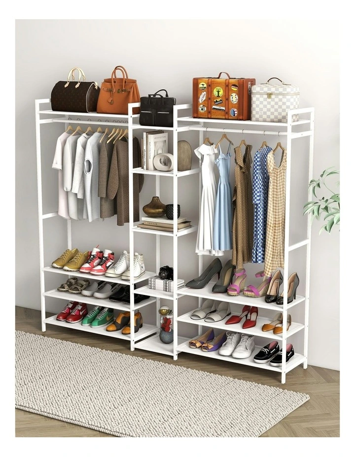 Multifunctional Bamboo Clothes Rack Storage in White image 3