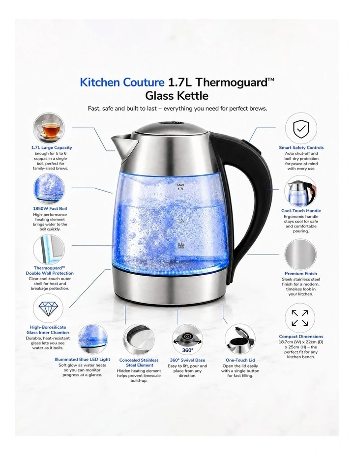 Kitchen Couture Double Wall Glass Kettle with Thermoguard Protection 1.7L in Steel image 3