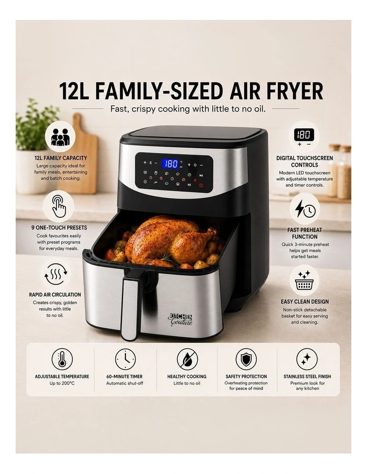 12 Litre Air Fryer Multifunctional LCD One Touch Display Silver image 3