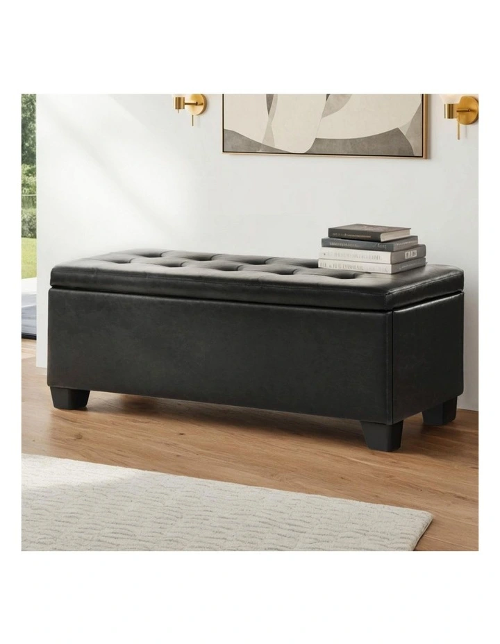 Leather Storage Blanket Ottoman 97cm in Black image 3