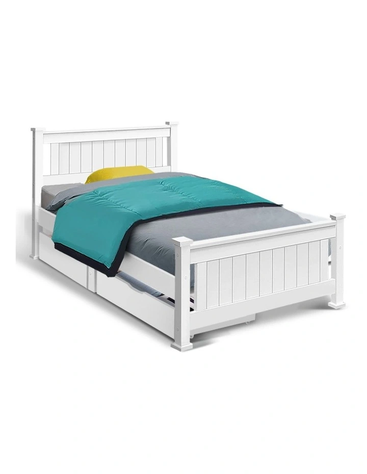 Artiss Rio Single Wooden Bed Frame With 2 Drawers In White MYER