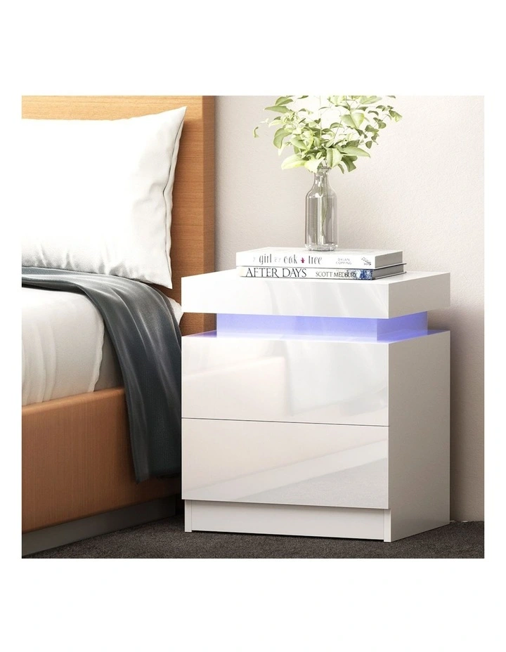LED 2 Drawers Lift-Up Storage Coley Bedside Table in White image 2